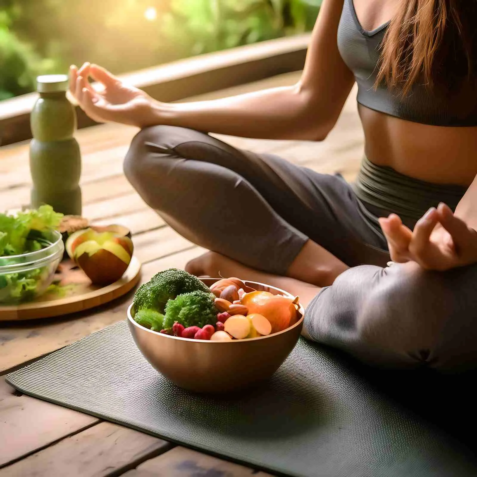 A bowl of vegetables and fruit on a mat beside someone sitting cross legged
